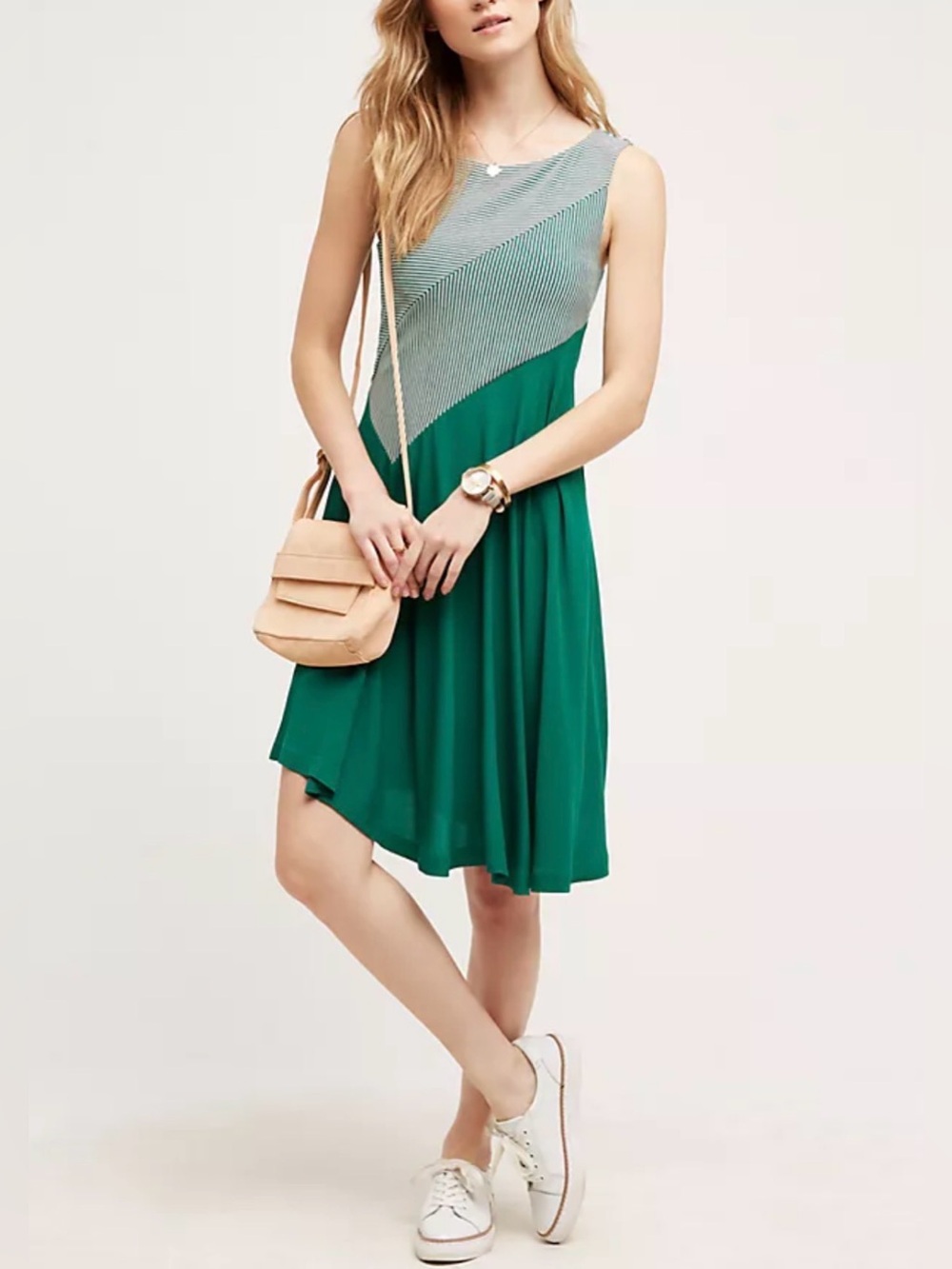 Anthropologie Maeve Cameron Dress Striped Asymmetrical Hem Mixed Media S Green